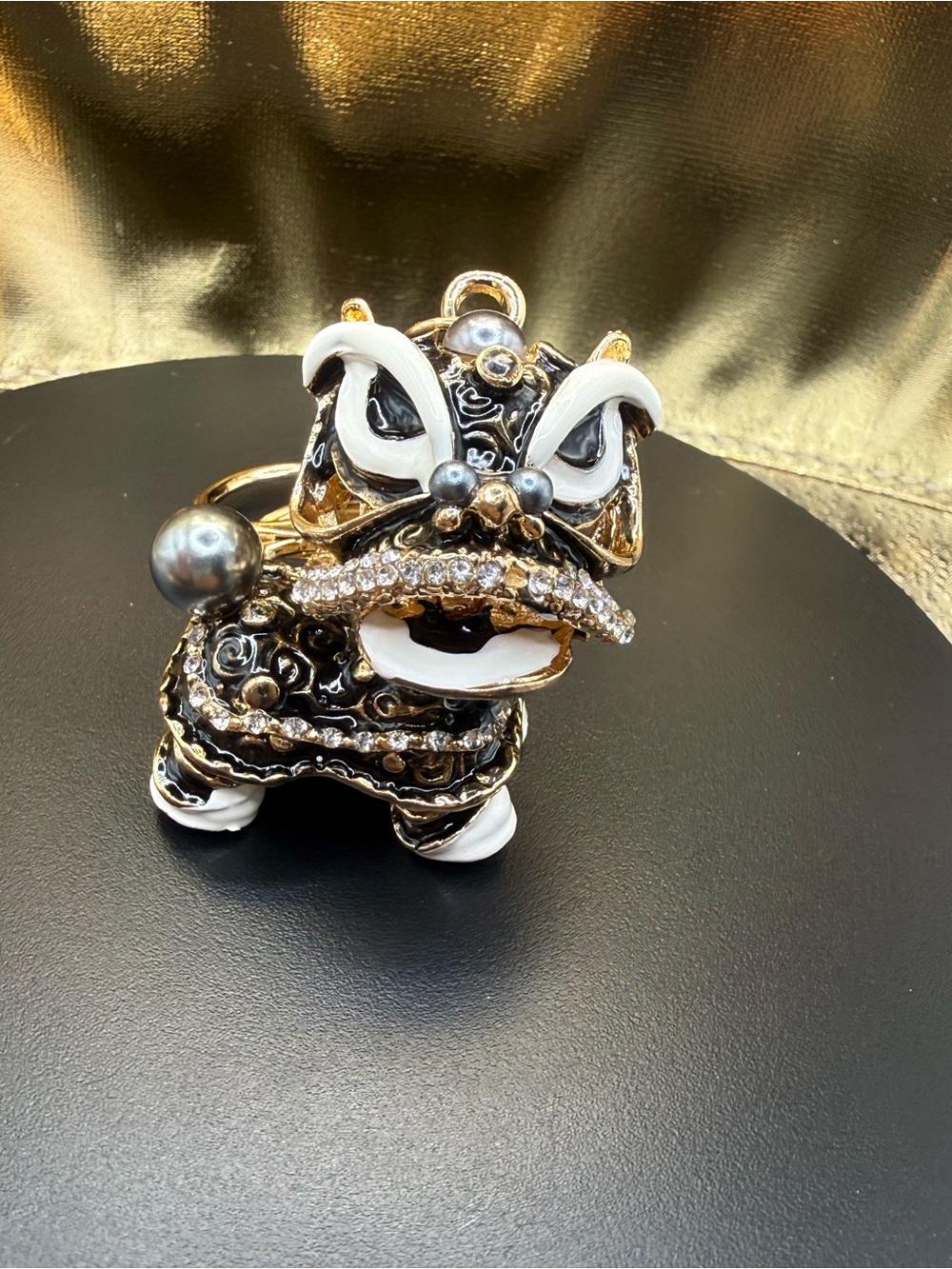 Gold & Black Enamel Foo Dog Charm Pendant with Rhinestones
